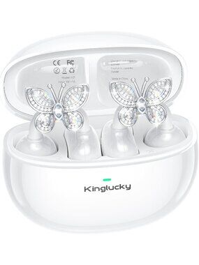 Wireless White Clip-On Detachable Butterfly Earrings 40H Bluetooth 6.0 Earbud